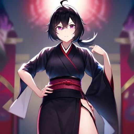 Clear focus, High resolution, Black hair, low small ponytail, purple dead eyes, japanese outfit, serious expression, one arm on hip, other hand free, purple red white and black outfit, short skirt, split in skirt, ahoge, (solo), hair between eyes,