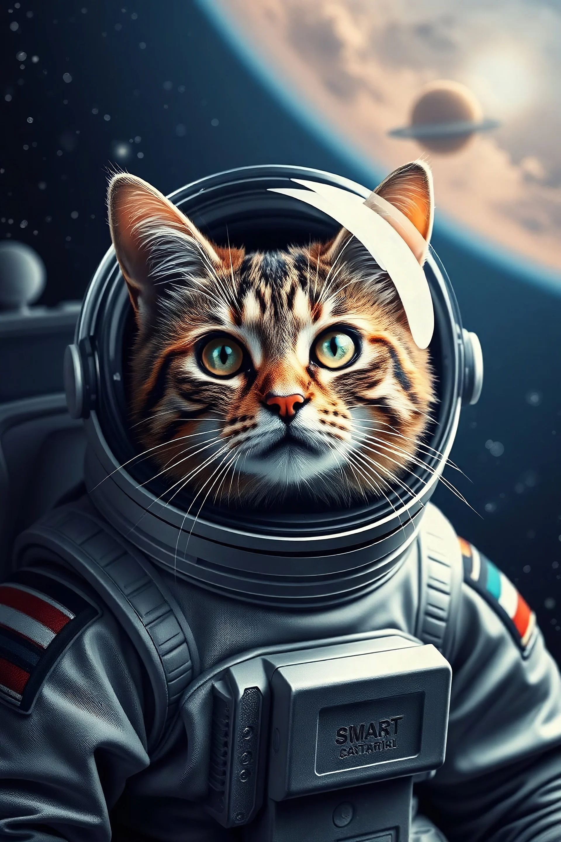 Picture of a cat wearing a helmet in space