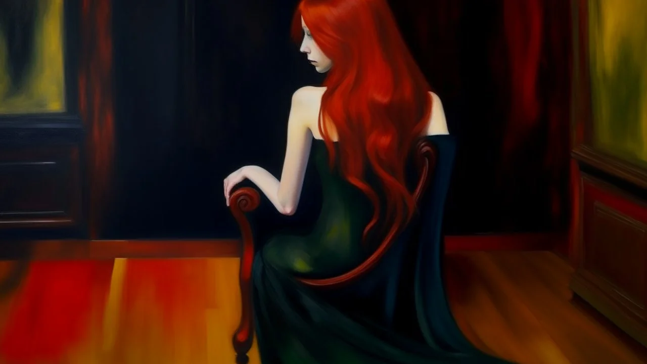 Avant-garde painting. We see a girl from behind, in a black dress, lazily, half-lying on a chair, her legs tightly crossed, one hand loosely draped over the back of the chair. Her long red hair falls down her back.