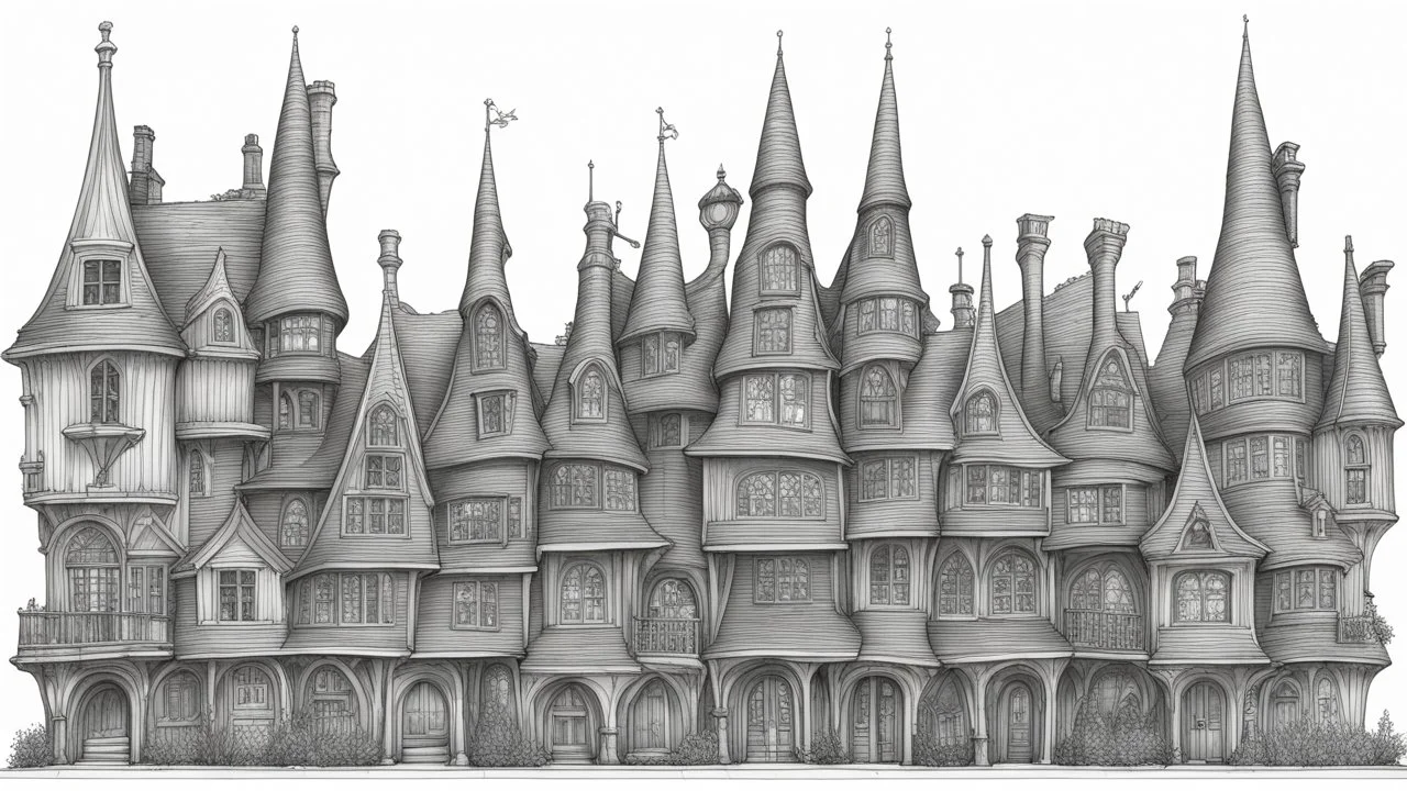A highly detailed front elevation line drawing of a row of crooked fantasy houses, with twisted tall chimneys, rooms and floors added to sides and roofs, like Harry Potter's Diagon Alley.
