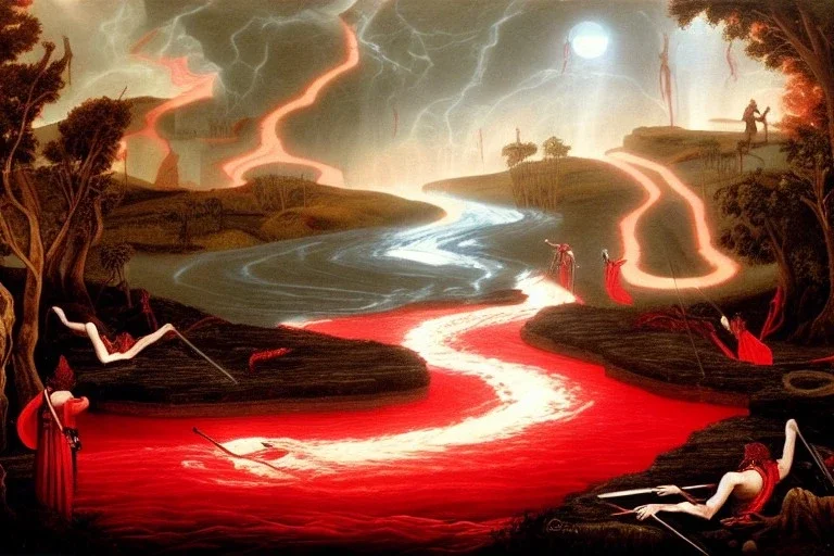 The red hot River Styx leading to hades, Charon, high detail, oilpainting, fine detail, high quality,