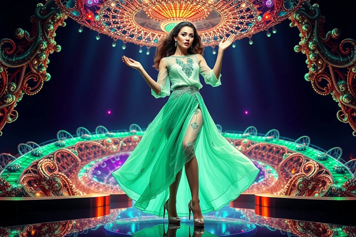 a very beautiful lady with makeup and curvy hair, wearing a pretty green jewelled long skirt with blouse and high heels, dancing over a modern stage with luxury metalic fractal recursive animating structures and dynamic color lights.3by 2