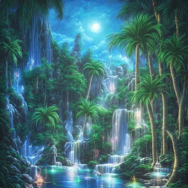 turquoise neon waterfall with palm trees sparkling at night in a cave detailed realistic glowing