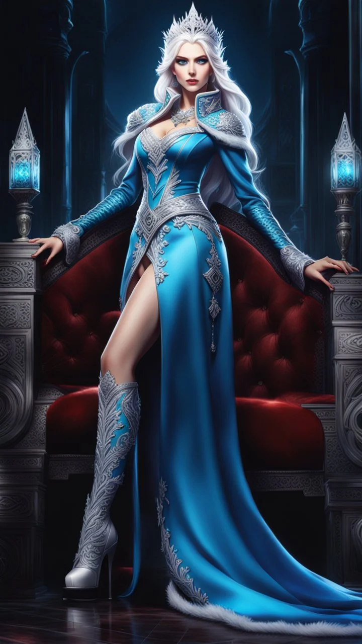 Full body de hermosa y malvada reina del hielo, pelo blanco, ojos azules luminosos, vestimenta intrincada, hiperdetallada, calidad ultra, increíble obra de arte, full body, piernas completas, pies completos