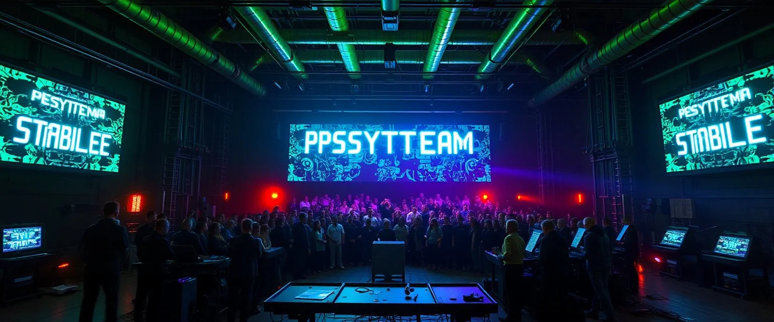 giant industrial halls green tube lighting choir vocals ancient-celtic-meets-cyberpunk imagery synchronized mechanical drumming flickering CRT screens saying "PSYSTEMA STABILE"