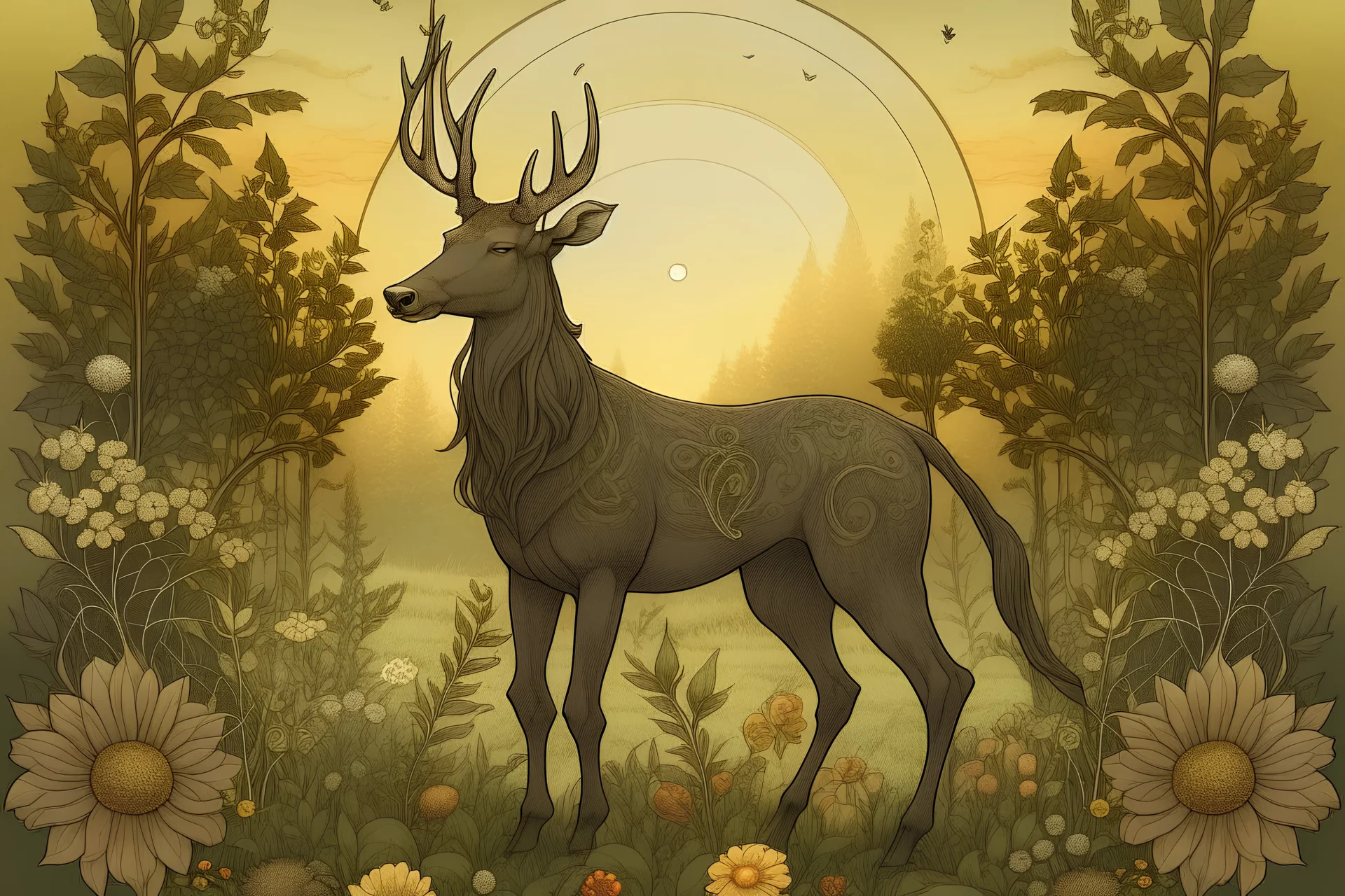 Tall standing deer centaur surrounded by foliage and flowers in a field with a rising sun in front of him