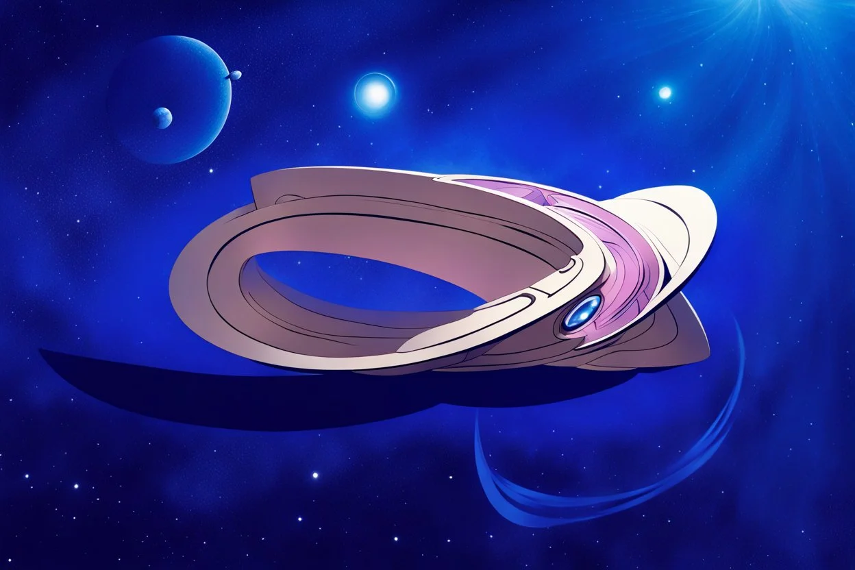 the gigantic starship of Marvel's Galactus "TAA-2" shaped like a Mobius strip with Jack Kirby design elements, in space