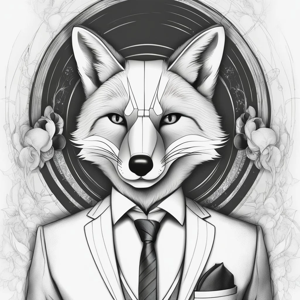 Illustrative sketch of a image of an humanoid fox, suit and tie, arte lineal ultra quality, 8k