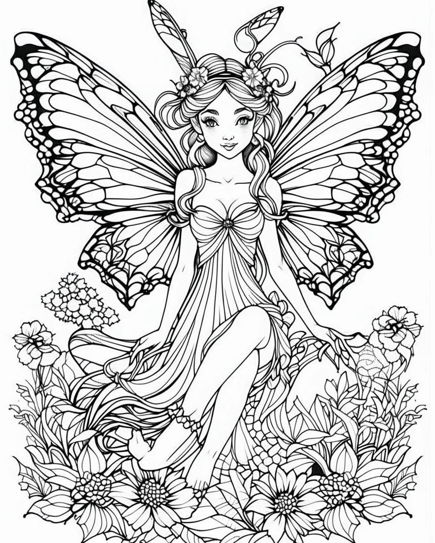 The fairy coloring page cartoon is simple, with bold precise clear lines, no color, white background.