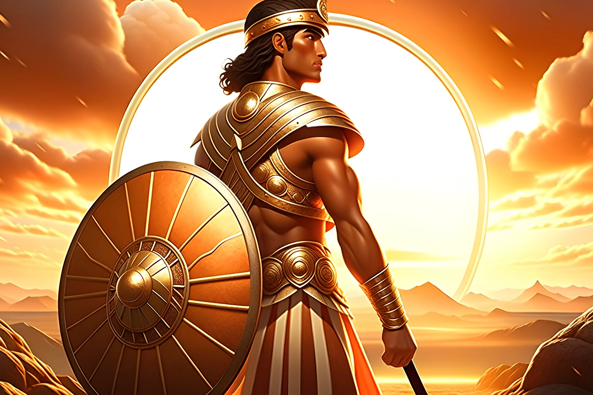 Digital art, high quality, digital masterpiece, natural illumination, sunset, summer time, Spotlight, realistic, action film style, magazine style, (full body:2.5), (1 handsome young peruvian man on Inca Armor, under a Shield with a Sun on it:3), (Strong:1.2), (Handsome, attractive male:1.5), (Fierce eyes:1.1), (Dark brown hair:1.8), (Defending with a shield:1.5), on a Broken wall, inca ruins