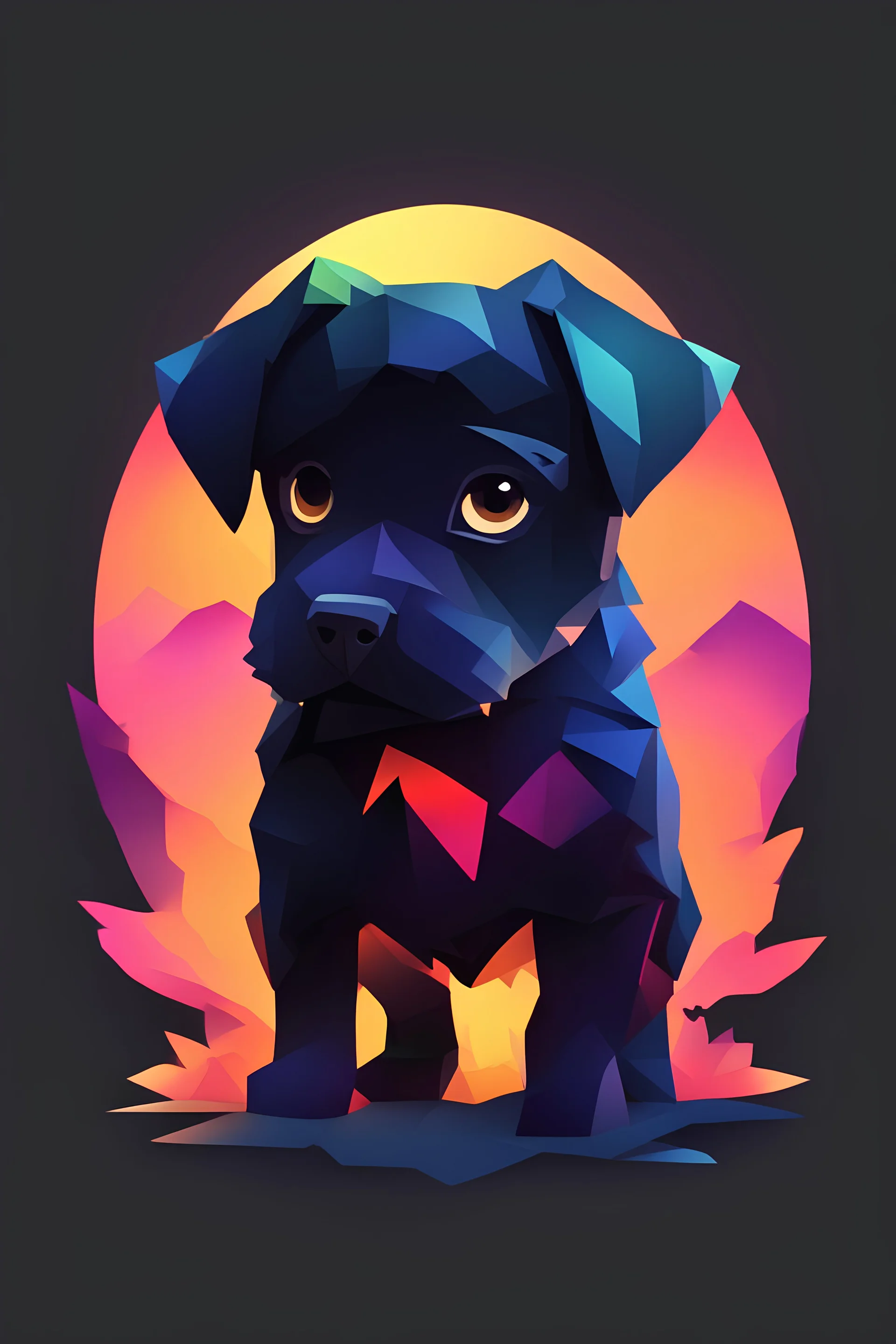 a silhouette design of a puppy, sunset design, t- shirt art, 3D vector art, cute and quirky, bright bold colorful., black background, watercolor effect, , digital painting, low-poly, soft lighting, bird's-eye view, isometric style, retro aesthetic, focused on the character, 4K resolution, photorealistic rendering, using Cinema 4D,front side