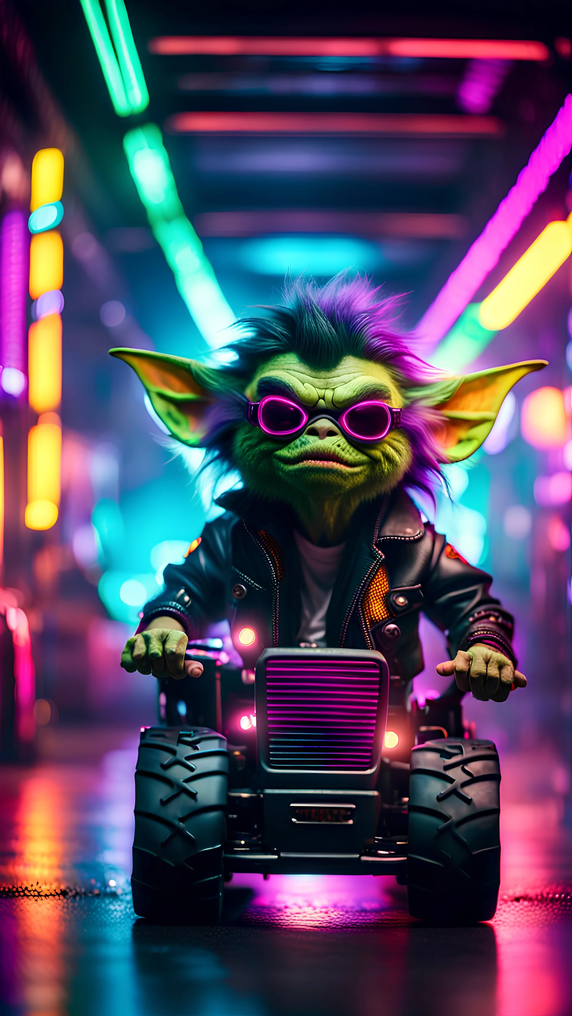 portrait of Hairy Gremlin pimp ninja cyber yoga punk in flying hipster tractor parked in dark tron neon lit reflective smoke arcade hall tunnel,bokeh like f/0.8, tilt-shift lens 8k, high detail, smooth render, down-light, unreal engine, prize winning