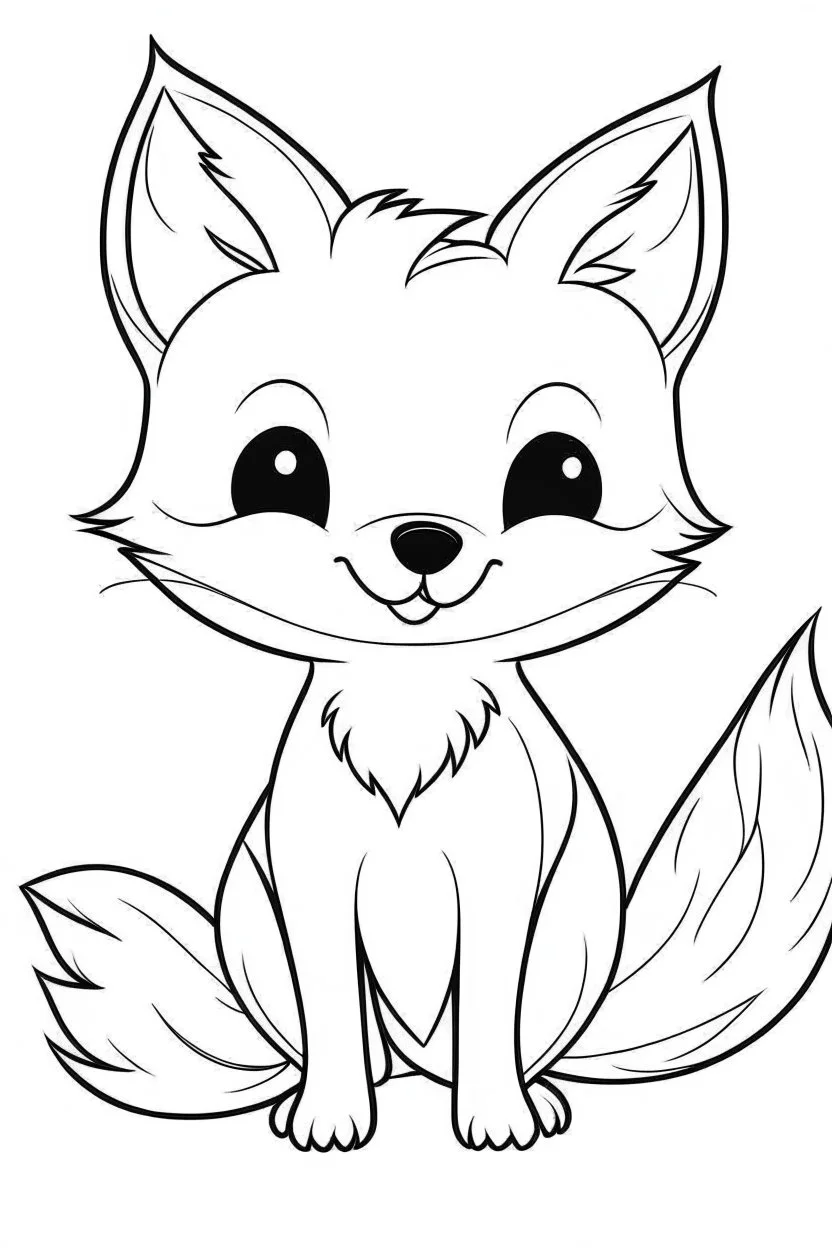 Coloring page for toodlers, with a cute cartoon fox, very Bold outlines and white background, minimal number of elements, very simple