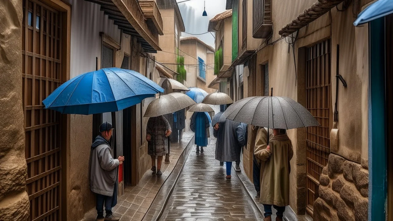 Narrow street of a traditional village on a rainy day, where the many passers protect themselves from the rain with umbrellas