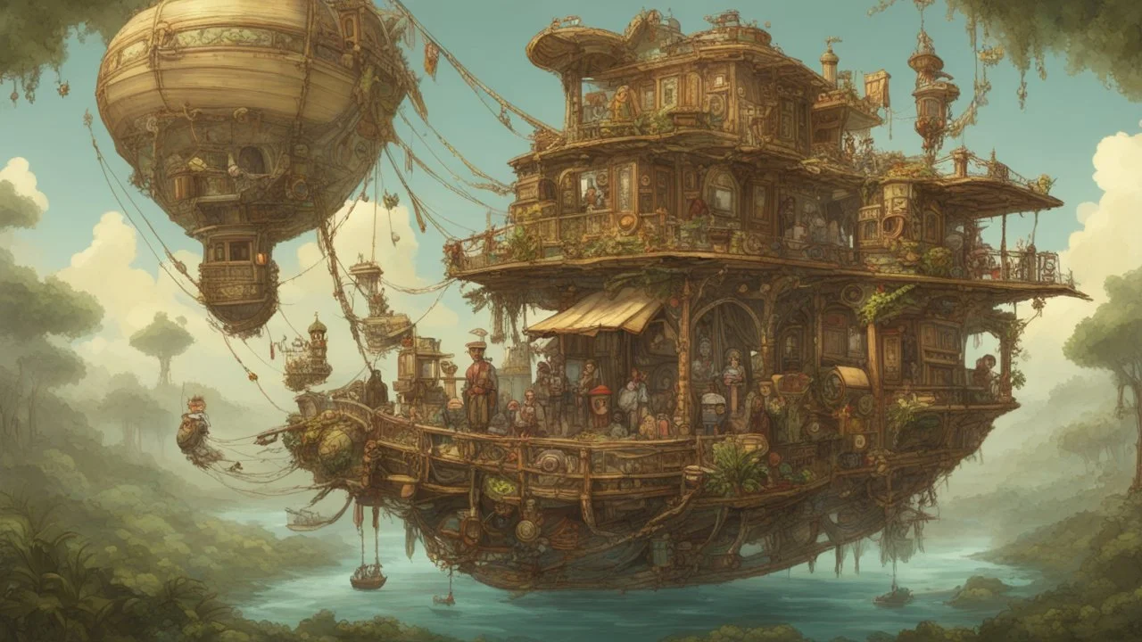 steampunk gipsy caravan crossed with a boat flying high over a jungle with platforms, verandas, and people, intricate