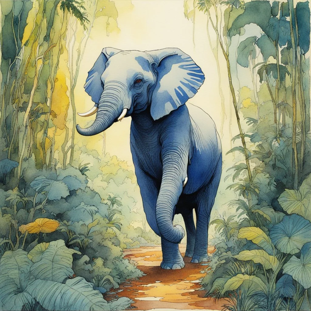 dancing elephant, in the jungle aquarelle by moebius