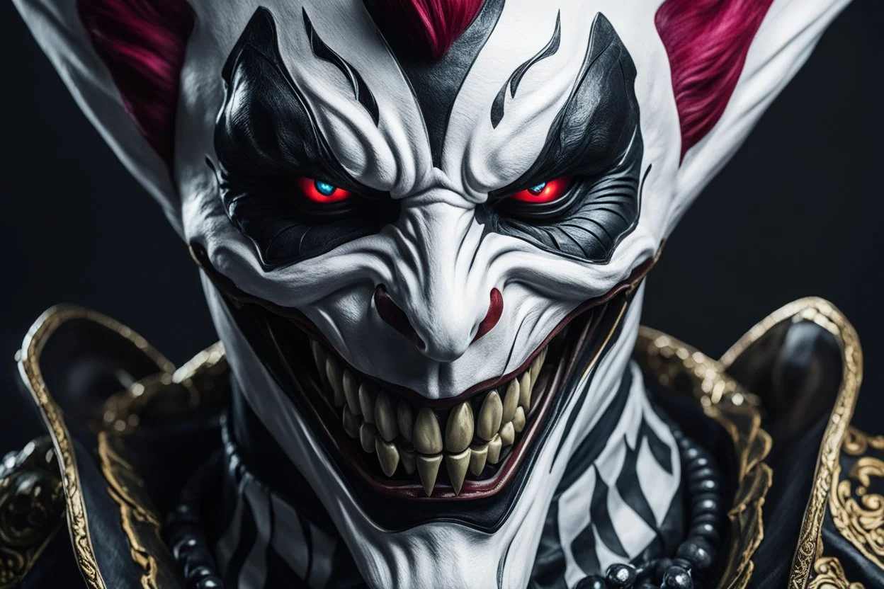 Shaco venom in 8k live action artstyle, white clown mask, close picture, intricate details, highly detailed, high details, detailed portrait, masterpiece,ultra detailed, ultra quality