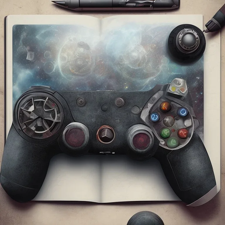 joypad muito realista, detalhado, compass, books on the white table