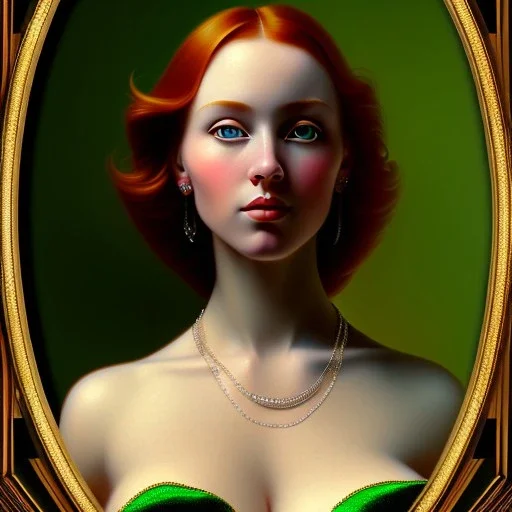 oil Portrait of a redhead beautiful busty voluptous adult woman with emeralds necklace with big green sad eyes looking to viewer by GRANT WOOD Ingres 8k