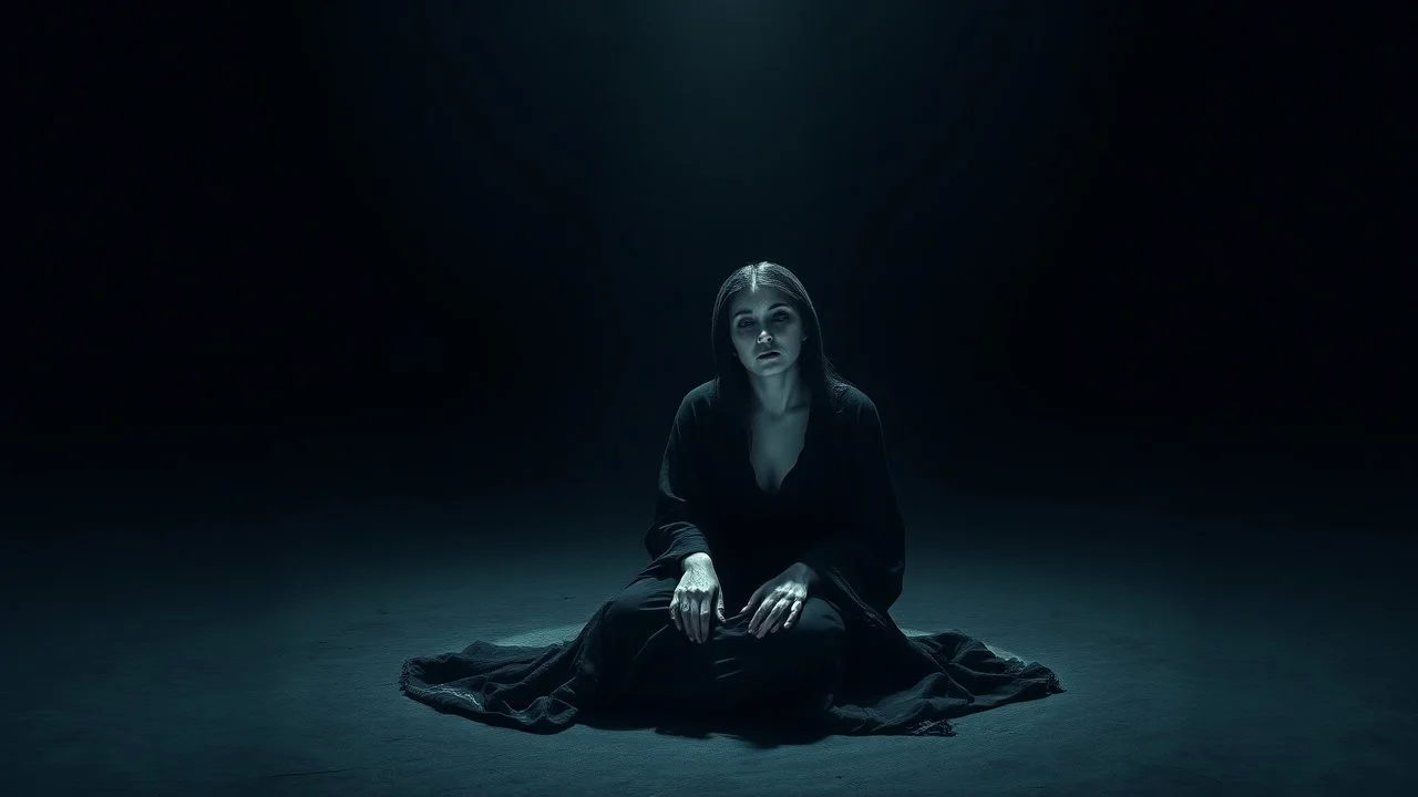 A solitary woman sitting alone in an endless void of darkness, pale skin, large hollow dark eyes with deep shadows underneath, wearing tattered black robes, empty expression, staring into nothingness. Only a faint circle of dim light surrounds her. Absolute loneliness, emotional emptiness, existential despair, abandonment, silence, vast darkness consuming everything beyond the light. No other people, no faces, no eyes, no creatures, no monsters, no silhouettes, no figures in the shadows, no watc