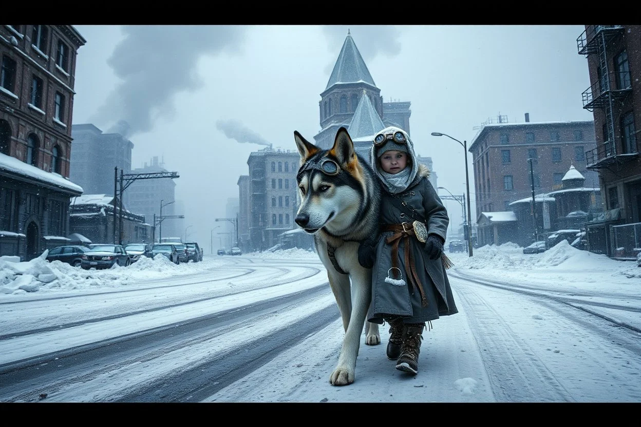 long shot panoramic of post-apocalyptic street in an empty destroyed crumbling smoking city, post-apocalyptic winter dystopia, large husky dog walking beside a little girl dressed in steampunk snow goggles, head-wrapping, and heavy robes; winter, freezing, massive snow drifts, snow and ice particles, dramatic