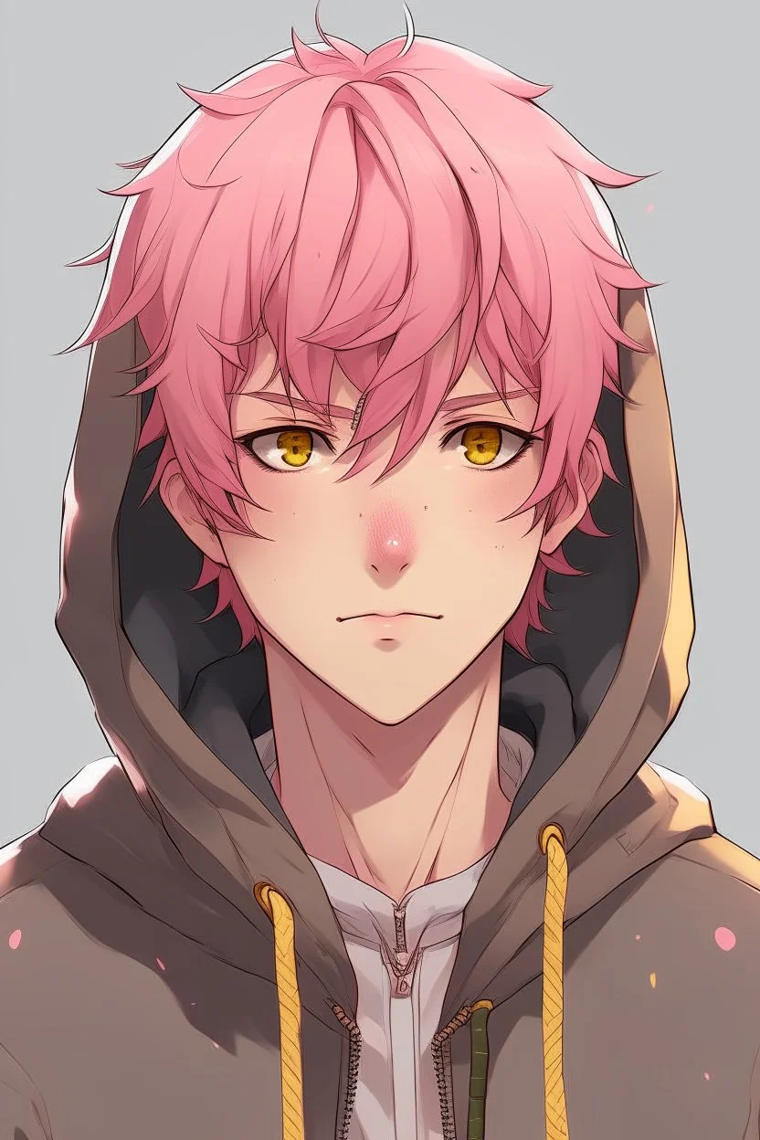 An anime man with messy short pink hair and narrow gold eyes wearing a hooded jacket Realistic.