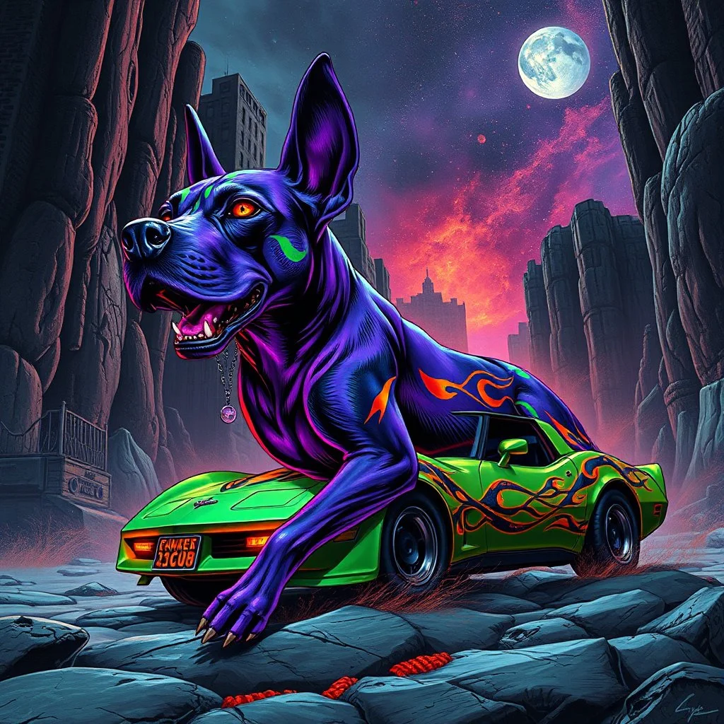 a lo high definition screen shot of a ancient comic book cover detailing the creatures found on other worlds, retrofuturistic, phototrealism, Macabre Rapture End of days Revelation scene, insanely detailed matte oil painting, sinner apotheosis, diagonal composition, abstract surreal horror, eerie, soothing, structured, hyperrealistic, a PURPLE AND ORANGE DOG, BIOLUMINESENT, IN A DARK CITY , HIGH DEF, VRAY, 8K 3Dsuped up 1979 corvette stationwagon green with black flames outlined with a thin red