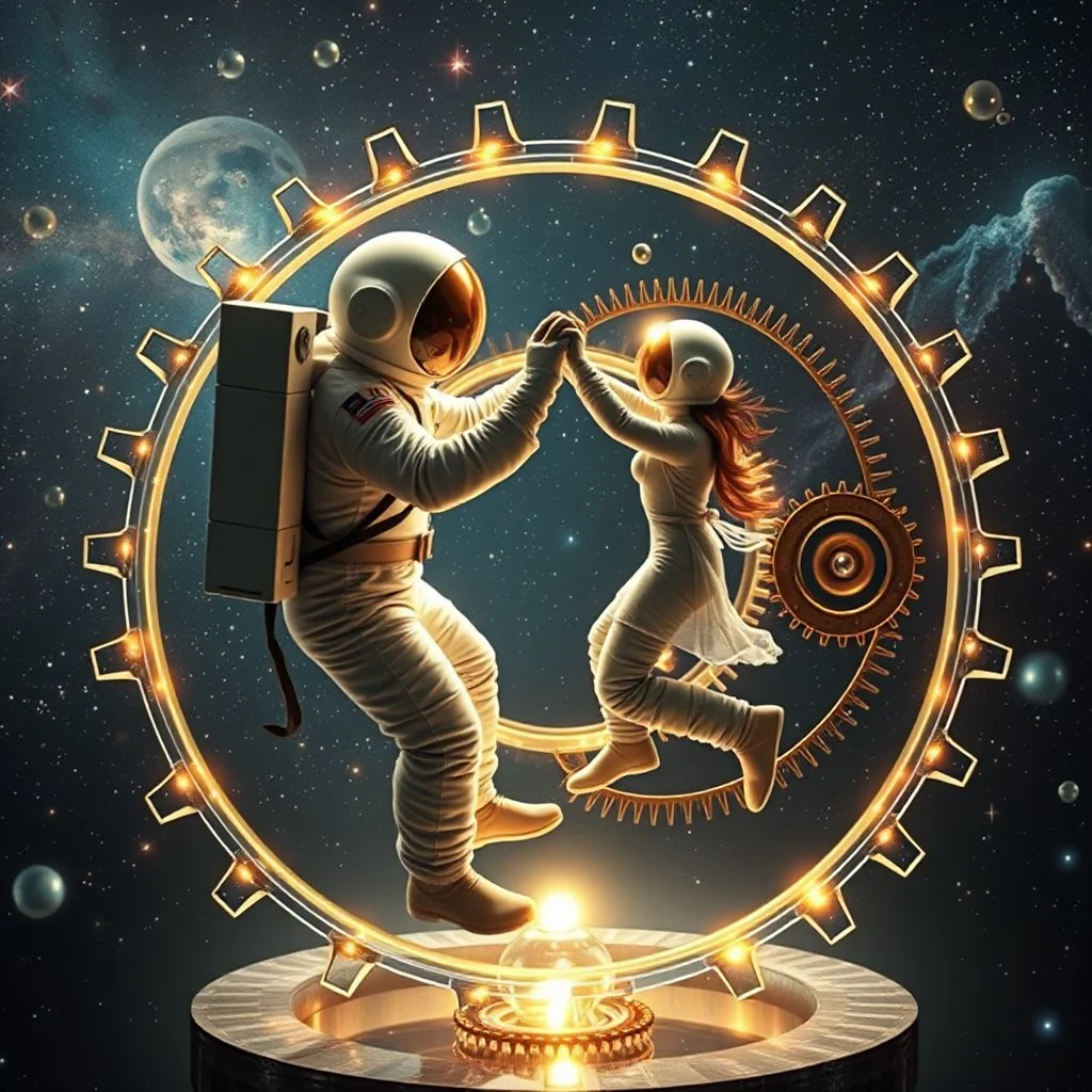 cifi recursive structures ,gears ,torus, crystal spheres in a galaxsy background,a Astronaut couple dancing