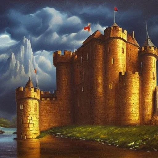 Retrato de um enorme castelo perto de um rio, pintura à óleo, simétrico, arquitetura, medieval, superrealista, cores escuras, HD, 4K