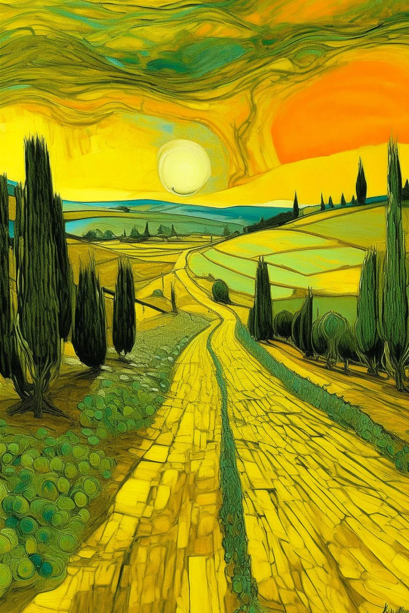 An olive yellow road near a glowing city painted by Vincent van Gogh