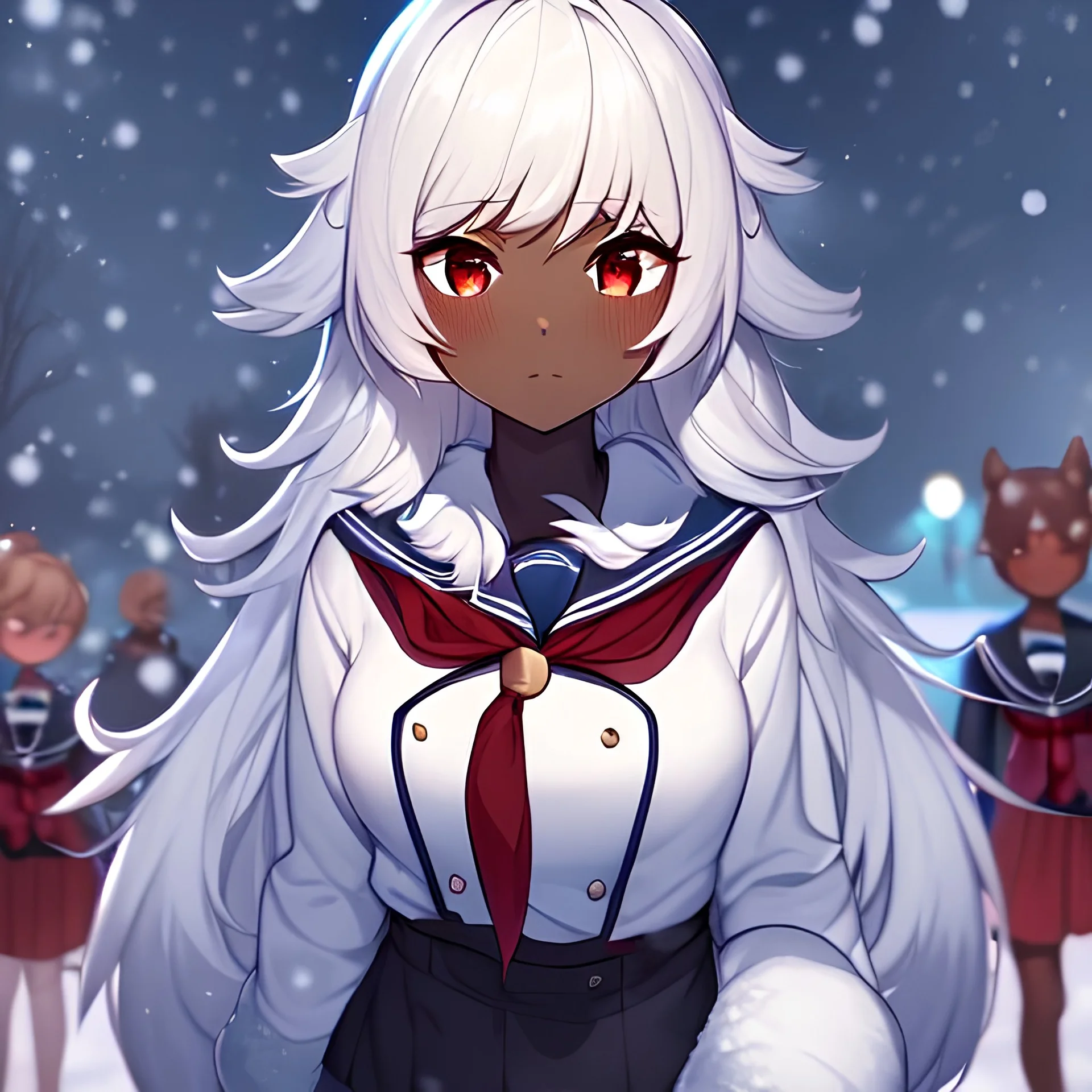 Clear focus,8k,Beatiful Lighting,Detailed,blue bun,fluffy hair, long fluffy bangs, red eyes, wearing a sailor uniform, short skirt, snowy aesthetic, brown skin color