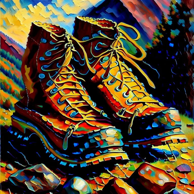 brown moutain shoes , art, oil colors, bright,