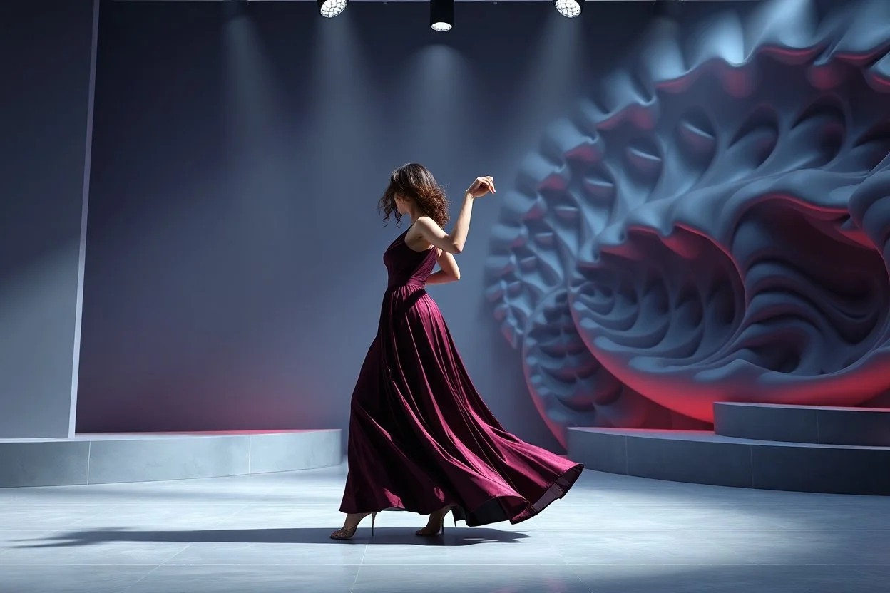 modern stage with gray-blue theme artistic decoration , color full dynamic lighting, a beautiful lady in modern maxy dark purple red dress with shining silver jwells dancing, 3D recursive fractal structure animating background