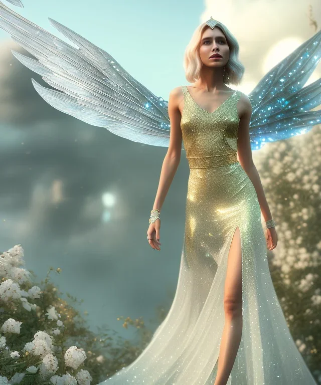 A crystalised queen, atmospheric, realistic, unreal engine, cinematic lighting, octane render, transparent long dress, blonde, full body, wings, smile, long hair