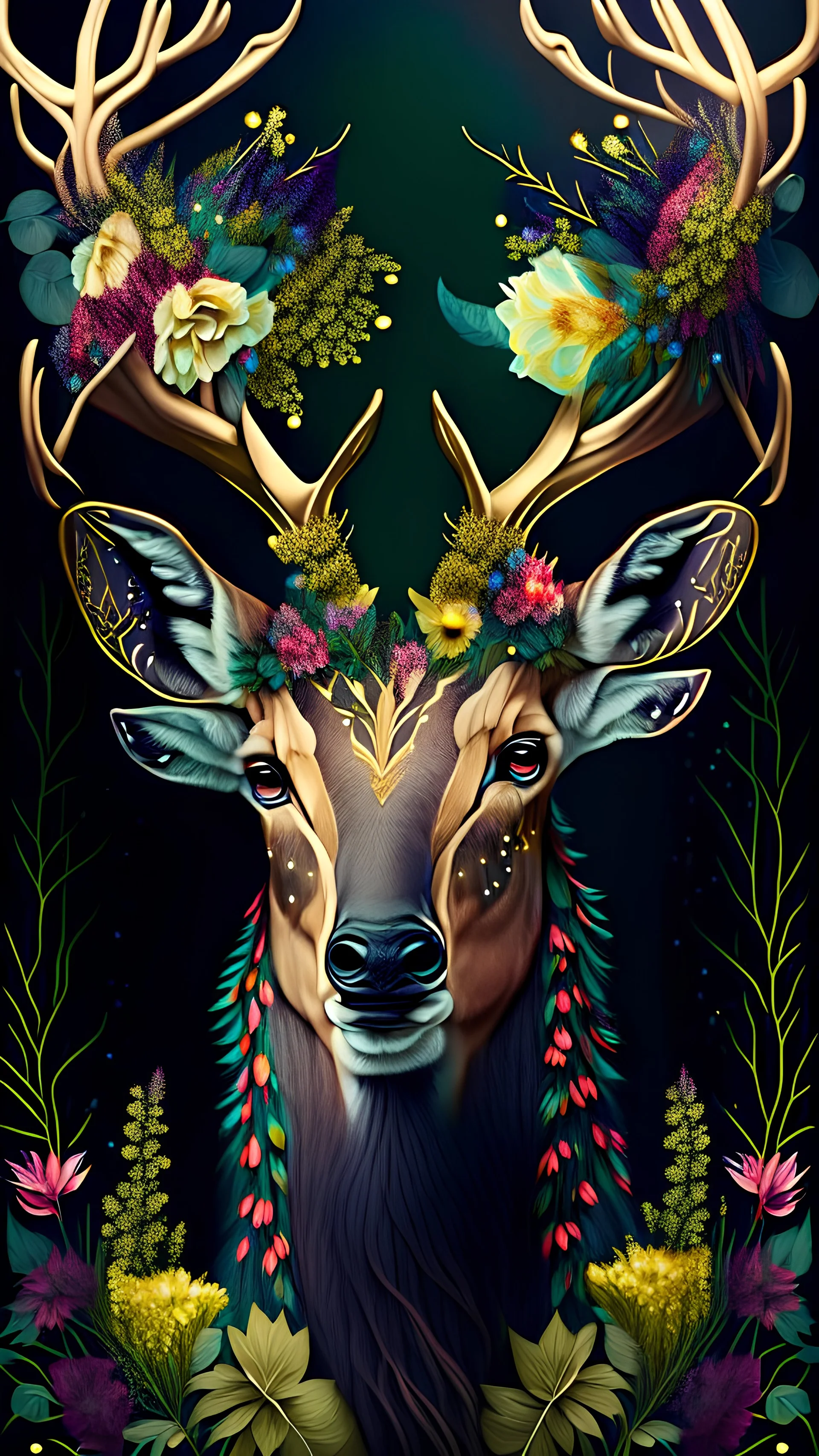 beautiful white man deer with big horns made from beautiful colorfully flowers and gold flower pattern on face, front facing dark smooth colors, forest green background,