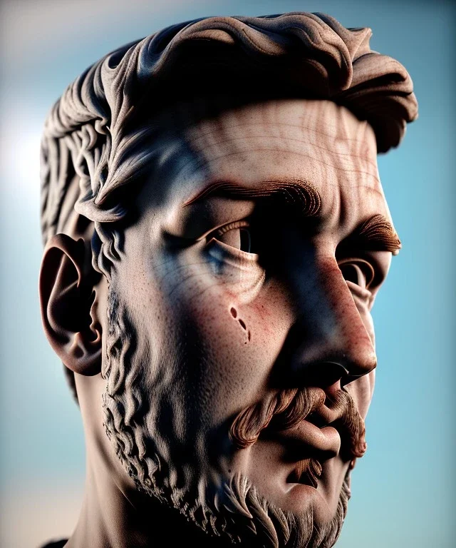 Ultra Realistic image, roman sculpture, marble deluxe material, Lionel Messi, circle crown, miguel angel style, chisel style, emperador, waist up portrait, cinematic lighting, God light, god rays, 4k resolution, smooth details, ornate details, soft lighting, unreal engine 5, sky background.