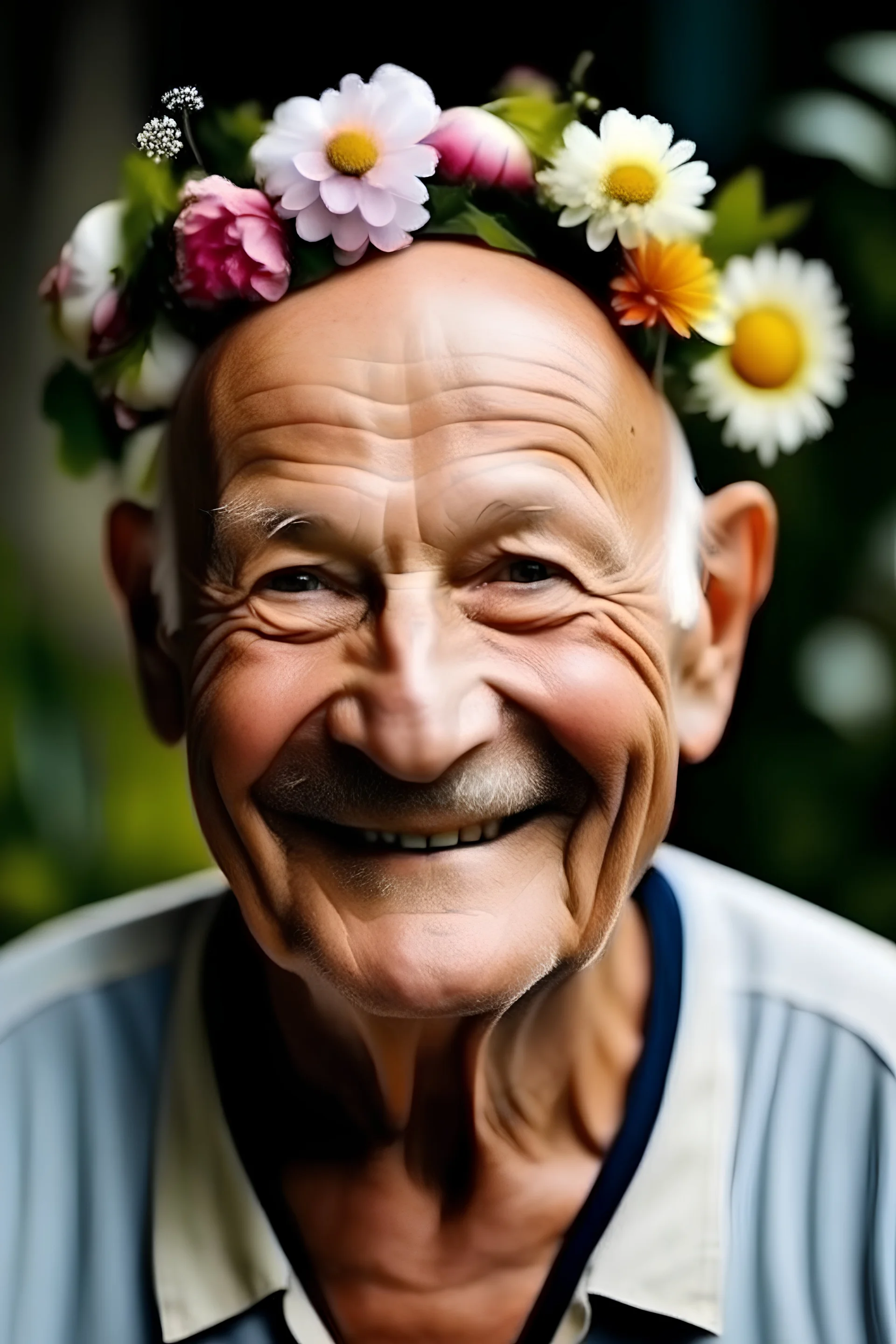 old man with bald head with flowers on head and happy