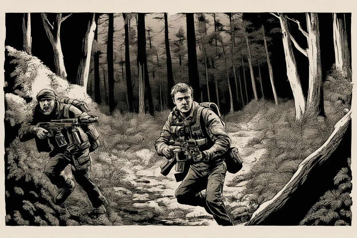 man holding a nightvision camera while being chased by mercenaries in the woods at night