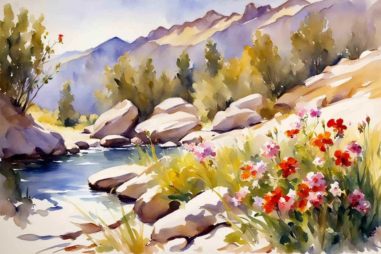 Sunny day, rocks, flowers, spring, mountains, epic, john singer sargent watercolor paintings