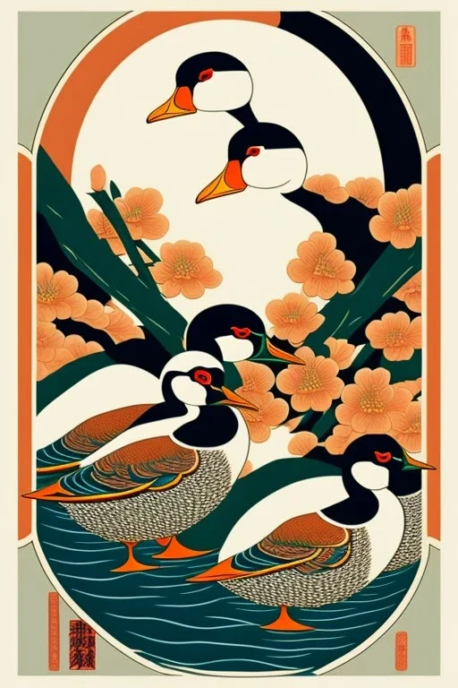  a group of mandarina ducks that are on top of each other, a poster by Nōami, ukiyo-e, anime aesthetic, minimalist.