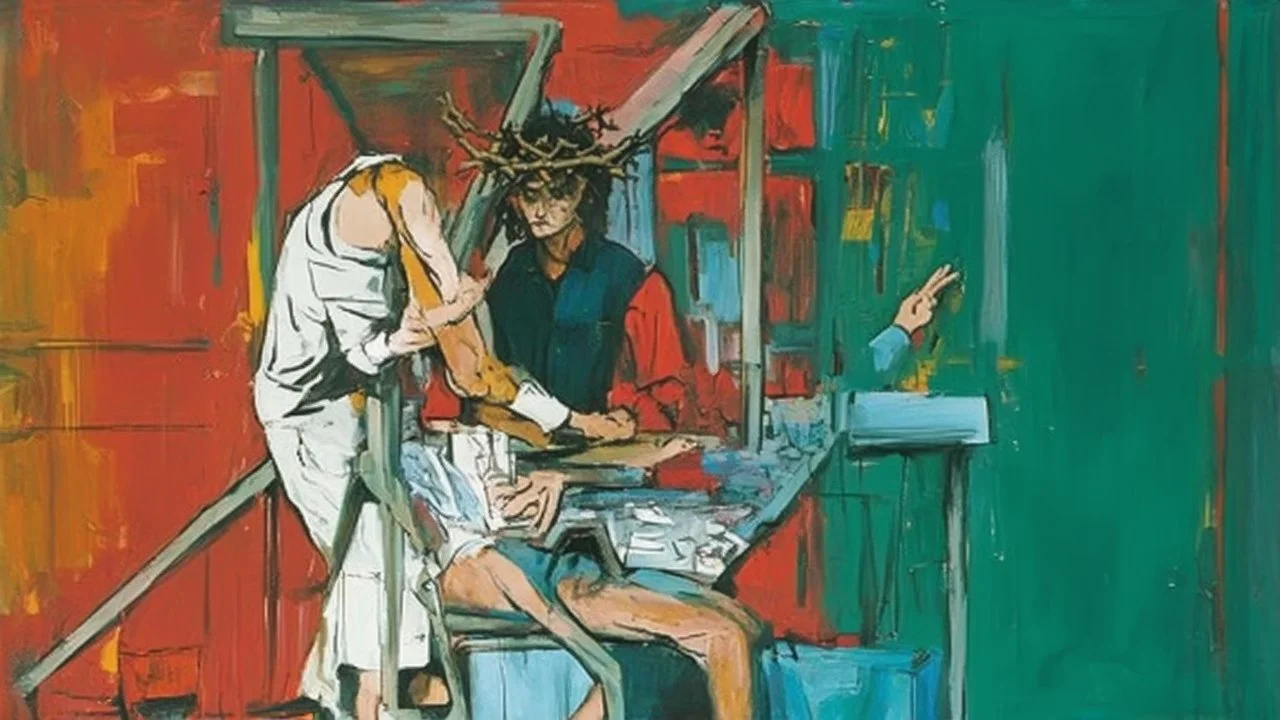 a painting of two people sitting at a table, inspired by Alberto Morrocco, crown of thorns, standing on a ladder, comic book panel, interior of a house, messy, gestures