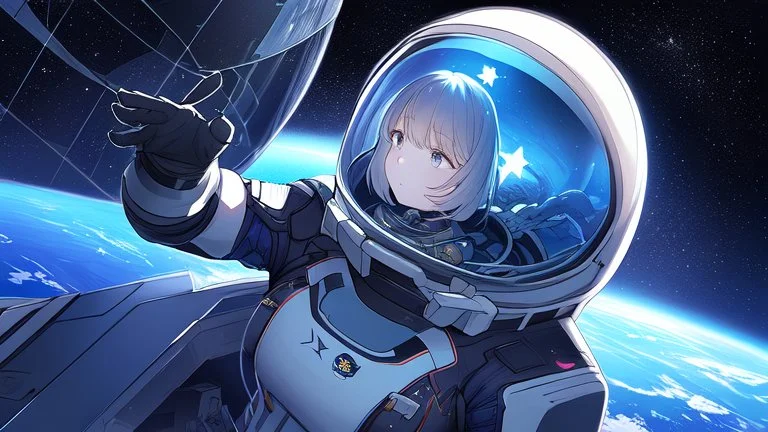 Female Astronaut looking out into space from a small window on her spaceship, in the style of Perfect Blue, Somber, beautiful planets, stars, inside of the spaceship, viewing from behind