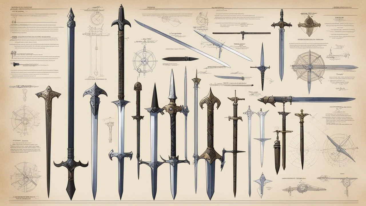 ConceptSheet blueprint [illustration by Angus McBride] timeline of swords Loadout Concept: glaive, zweihander sword, scimitar, broad sword, rapier, Claymore, Katana, Cutlass, Sabre, Jian, etc with their blueprint