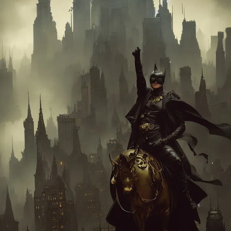 Gotham knights +steampunk+,alphonse mucha,greg rutkowski,matte painting, cryengine