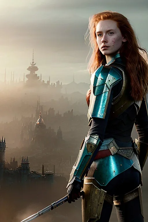 ultrarealistic, concept art, panoramic, ruined city,__intricate fantasy armor__, no star, __angles__, 18 year old woman, strikingly beautiful,ginger hair, _colour_, (pale __skincolor__ skin:1.2), __camera__, long hair, detailed face and eyes, medium breasts, sci-fi theme, freckles, dynamic pose, resolved expression, __accessory__, strappy outfit, (straps:1.1), sword in scabbard on left hip, (buckles, buttons, snaps, rings:1.0), haltertop style breastplate, detailed eyes, plump lips