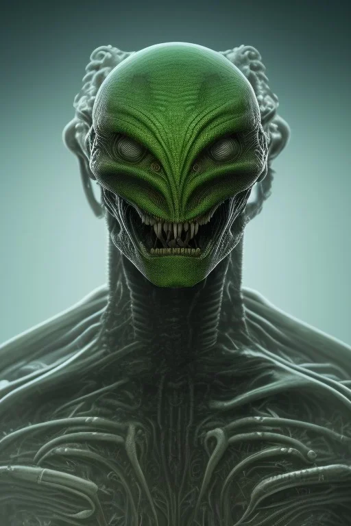 green alien, head, evil, black eyes, weapons, blood, 8k, finely detailed, photo realistic, HR Giger style