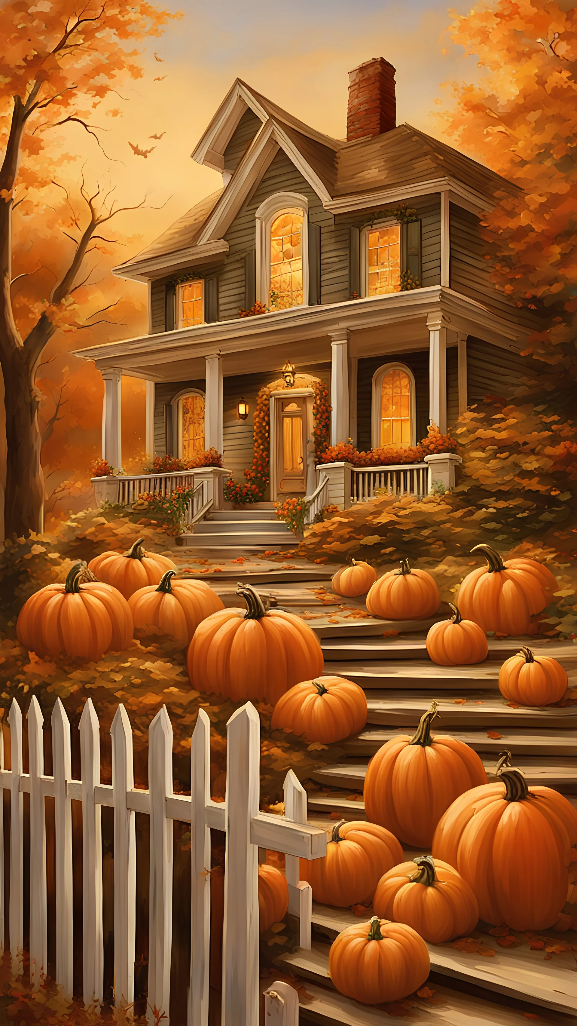 a painting of a house with pumpkins on the steps, october, by Pamela Ascherson, cozy home background, oct, ( ( thomas kinkade ) ), style of thomas kinkade, thomas kinkade style painting, by Terry Redlin, autumn background, style thomas kinkade, autumn season, thomas kinkade painting, jack-o-lanterns