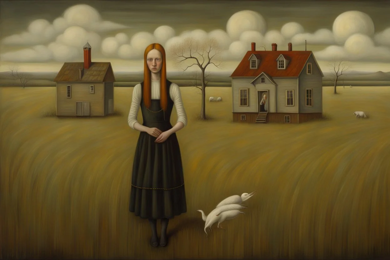 a surrealist landscape by artist "Andrea Kowch",by artist "Meret Oppenheim"