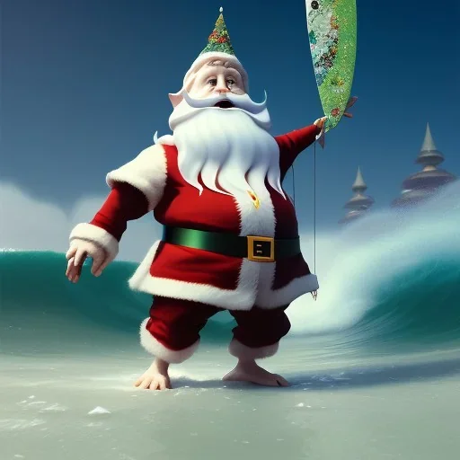 Santa standing of surfboard surfing a big wave, surfboard, beach, character design by cory loftis, fenghua zhong, ryohei hase, ismail inceoglu and ruan jia. unreal engine 5, artistic lighting, highly detailed, photorealistic, fantasy