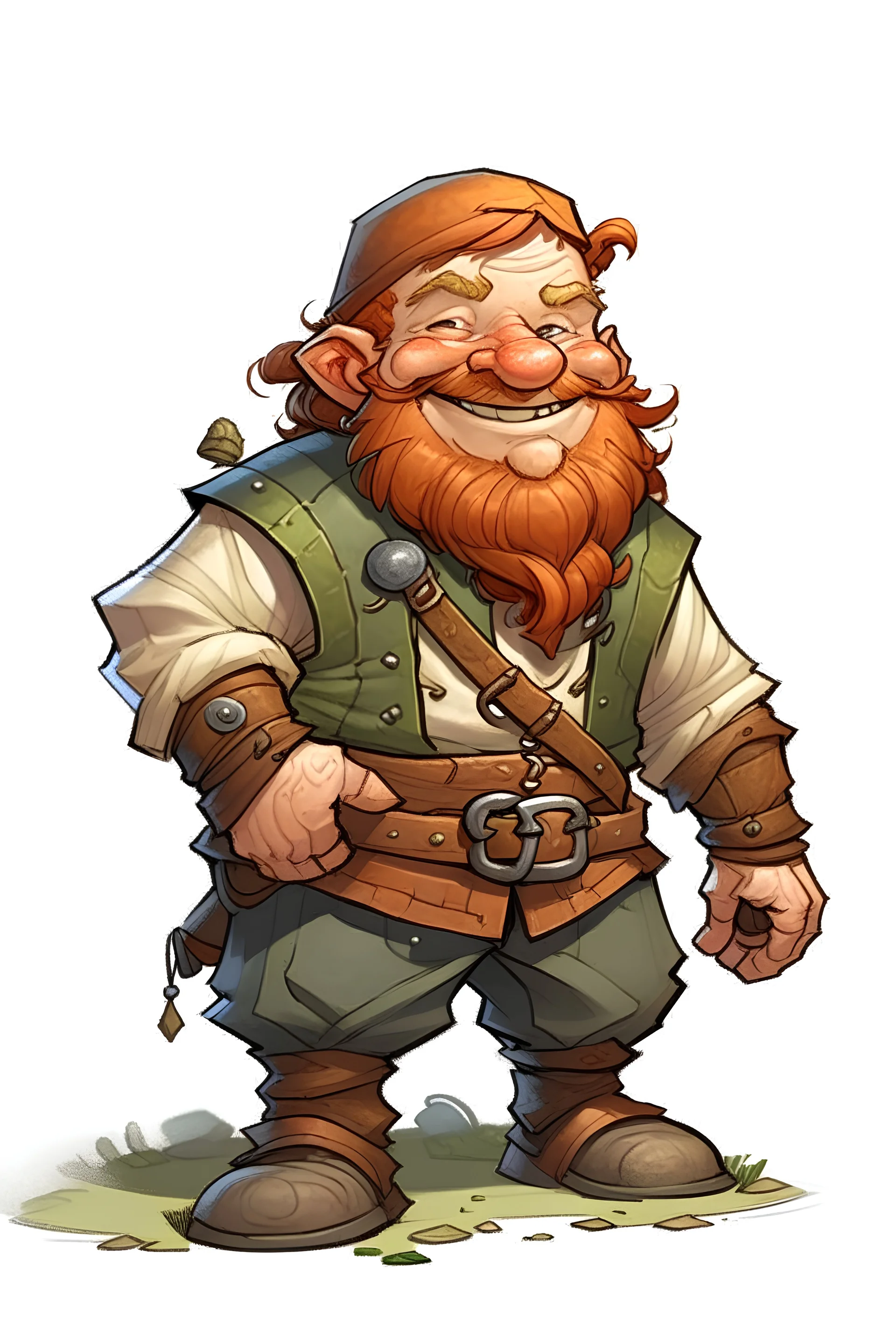 a happy male dwarf redhead farmer with a chinstrap beard, in overalls, dungeon and dragons, RPG